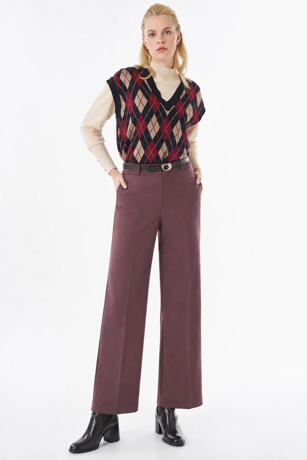 Belt Detailed Suede Trousers Burgundy