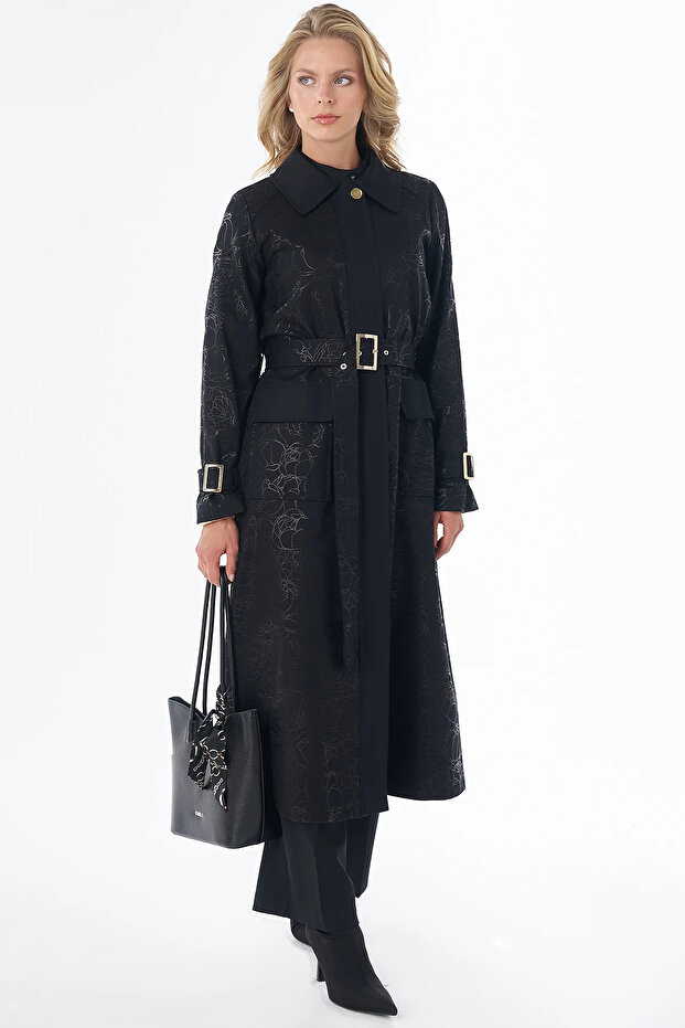 Metal Buckle Long Trench Coat Black