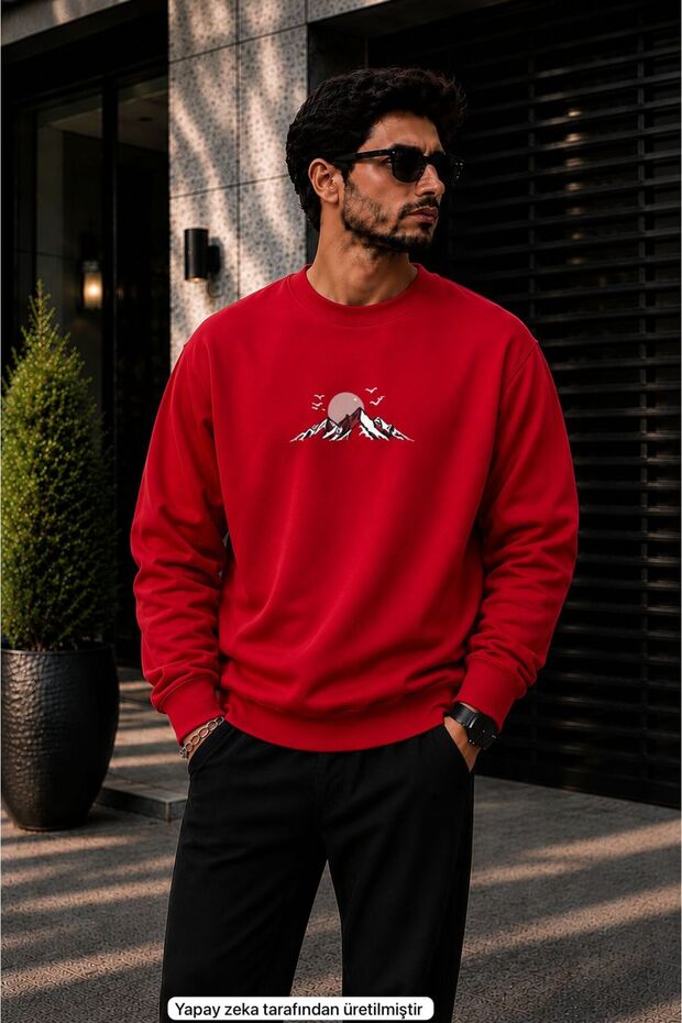 Men's Minimalist Mountain Landscape Printed Cycling Round Neck Casual Sweatshirt