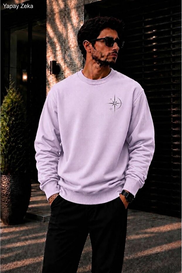 Men's Minimal Star & Compass Printed Cycling Round Neck Casual Sweatshirt