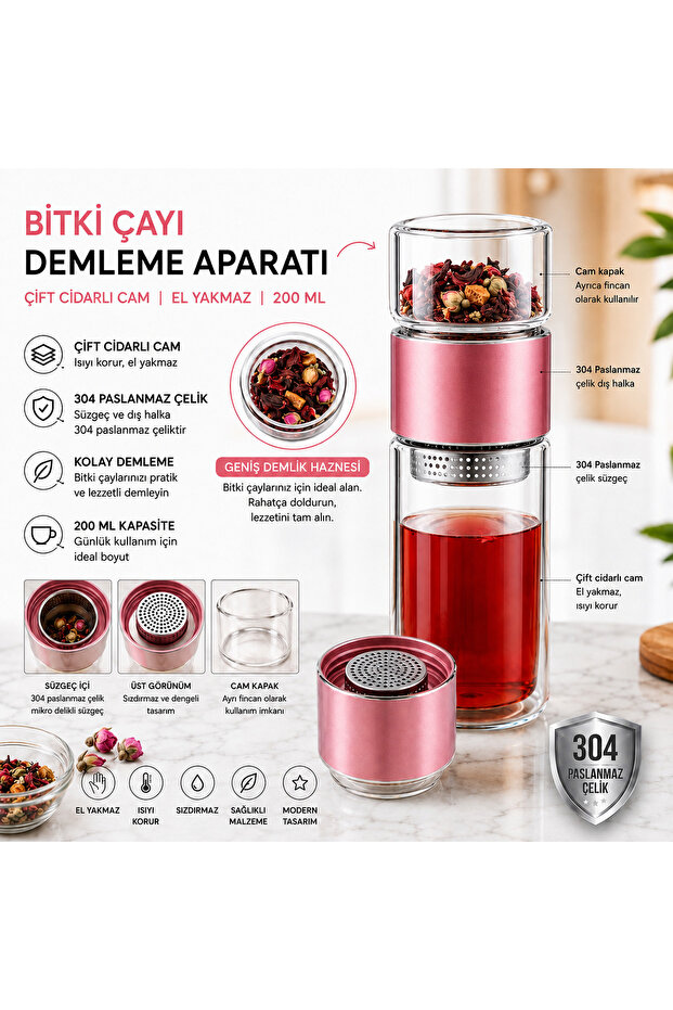 200ml Pink Double Layer Non-Scalding Glass Cup for Brewing Detox Herbal Tea, Linden Teapot, Suitable for Brewing All Herbal Teas