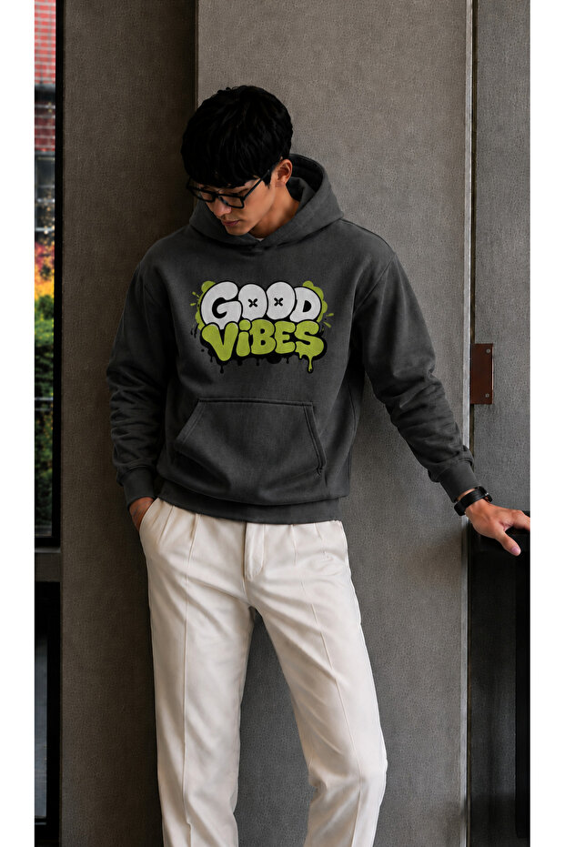 Men's Good Vibes Graffiti Printed Hooded Kangaroo Pocket Regular Fit Men's Sweatshirt