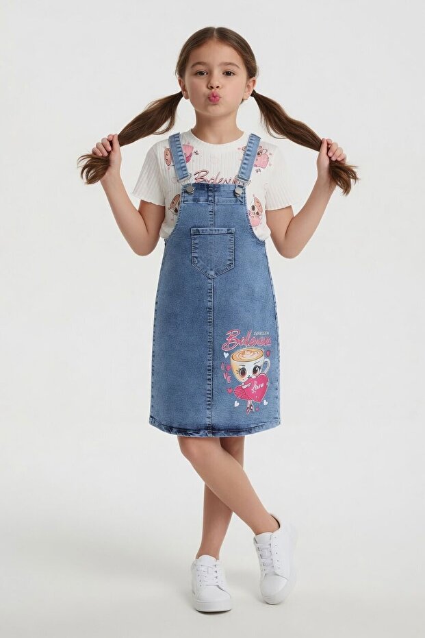 Ecru Heart Ballerina Patterned Badili Jean Salopetli Girl's Suit 24087
