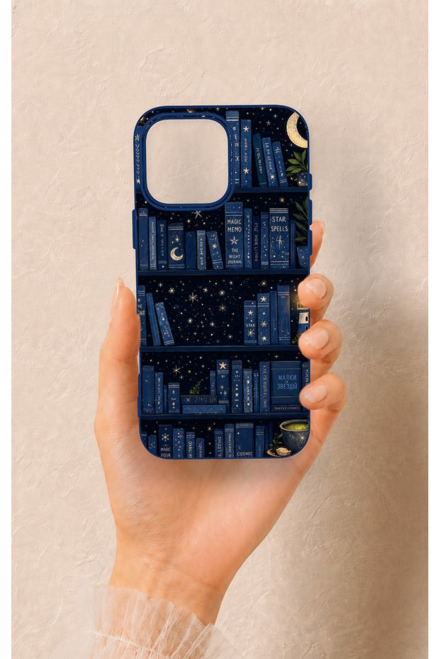 iPhone 16 Pro Max Compatible Night-Themed Bookshelf Patterned Silicone Case