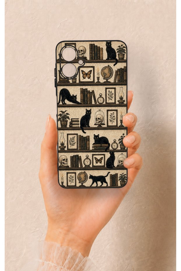 Samsung A06 Compatible Vintage Black Cat Patterned Silicone Case