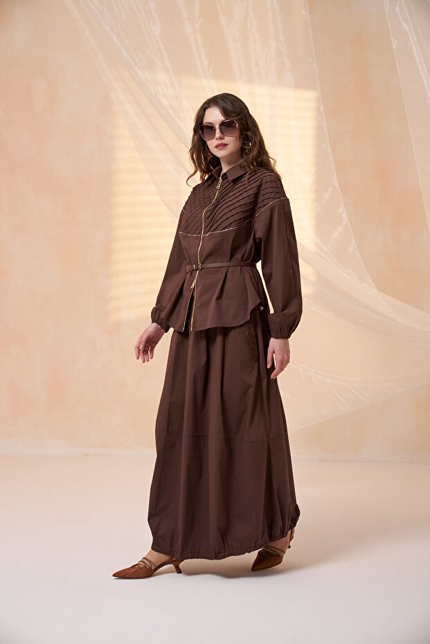Quilted Belted Maxi Set with Gold Zipper Detail