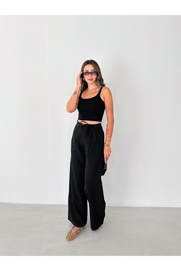 Women's Double Fabric Chinese Button Detailed Wide Leg Pants