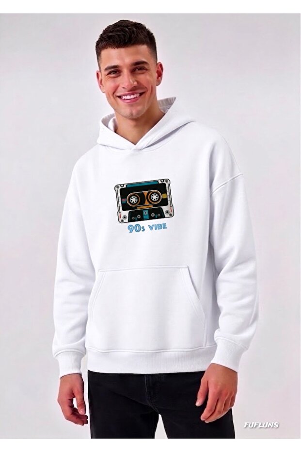90's Vibe Printed Oversized Men's Hooded Sweatshirt