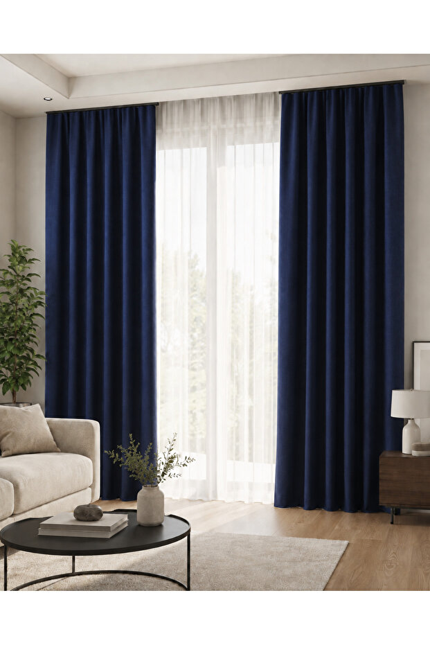 Navy Blue Velvet Textured Adafon Background Curtain, Stylish Appearance, Soft Texture, Single Panel Decorative Living Room Curtain