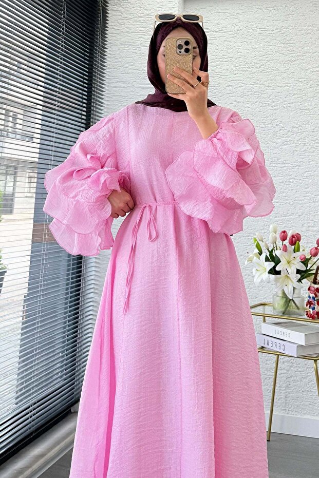 Long Lined Hijab Dress with Ruffled Sleeves Stylish Modern