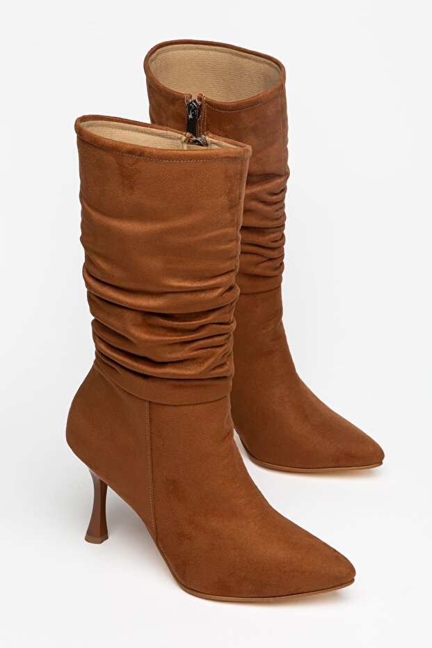 Zehis Women's Tan Suede Drawstring Zippered Heeled Boots