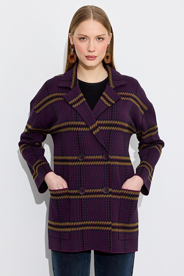 Houndstooth Patterned Blazer Cardigan Mürdüm