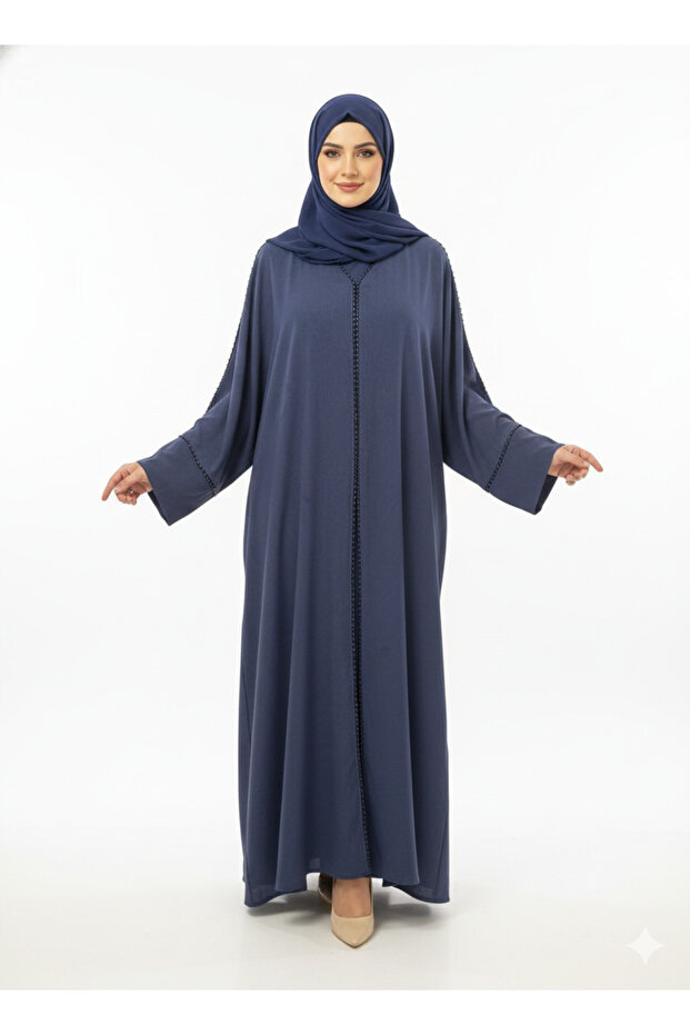 Midnight Navy Tailored Abaya | Rizqé Luxury Beaded Border Wrap with Classic Straight Sleeves
