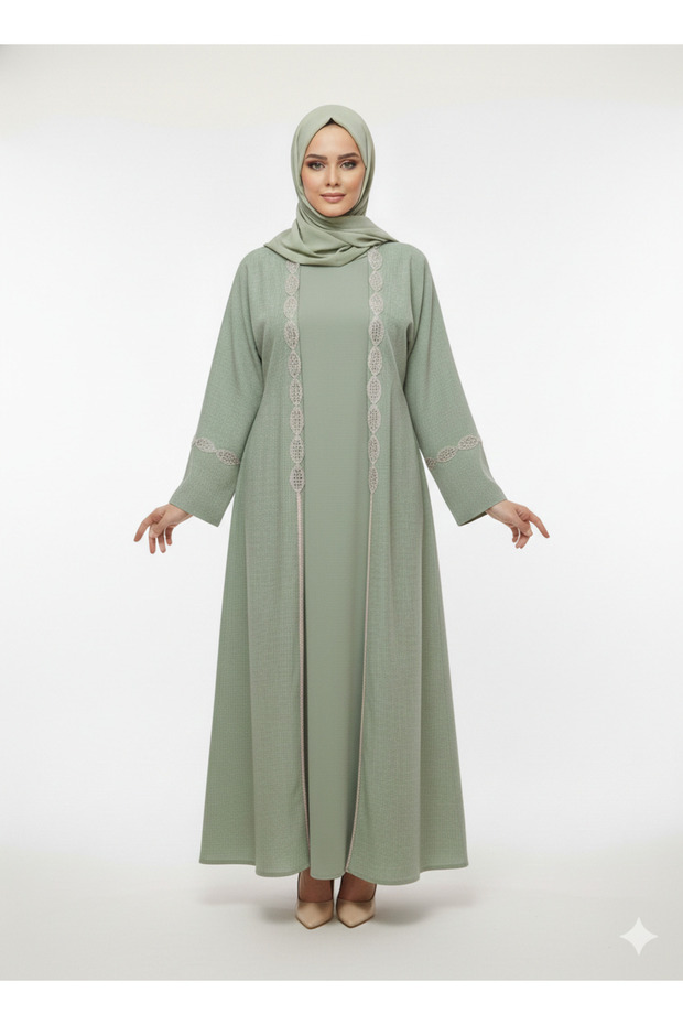 Sage Green Mirror Work Abaya | Rizqé Luxury Sheesha Embellished Modest Open Wrap Dress