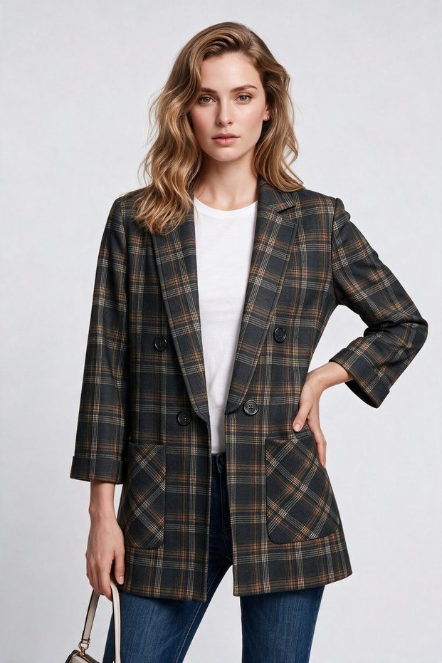 Women's Plaid Patterned Double-Breasted Blazer Jacket with Three-Quarter Sleeves