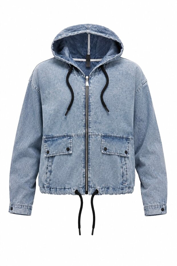 Women's Hooded Zippered Oversize Slim Denim Jacket Fk3535