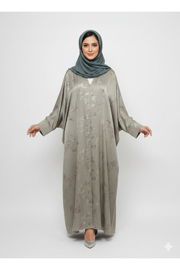 Pista Green Forest Satin Abaya | Rizqé Luxury Silk-Finish Modest Foil Print Wrap