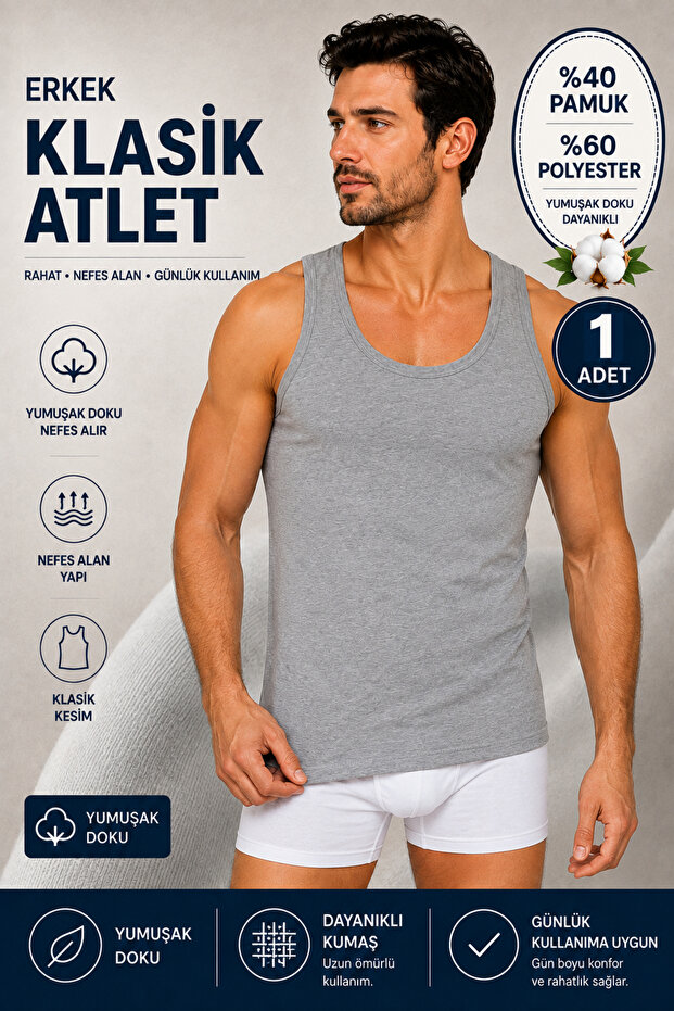 Men's Combed Cotton Classic Undershirt 40% Cotton 60% Polyester (Seher Authorized Seller) 1 Piece – Gray