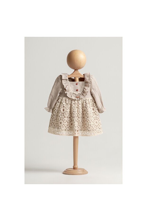 Mymi̇o Girl 6-24 Months Natural Dress with Beads