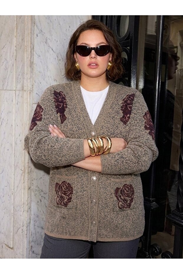 Karyağdi Rose Patterned Steel Knitted Tricot Women's Jacket