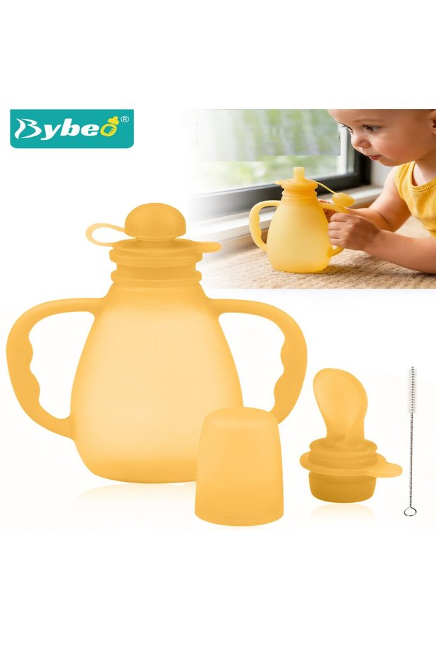 Reusable Silicone Baby Food Pouches with Feeder Spoon & Straw, Toddler Food Storage Pouch with Handle and Straw Brush, Breastmilk Storage Bags, Leakproof Baby Food Feeder for Safe Infant Self-Feeding