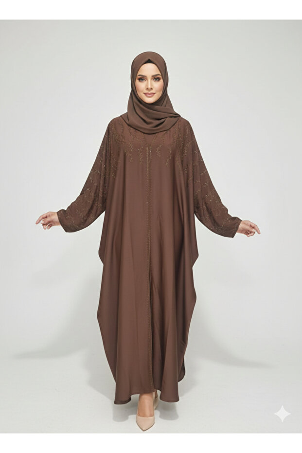 Rich Brown Satin Butterfly Abaya | Rizqé Gold Vine Hand-Embellishment with Dramatic Farasha Silhouette