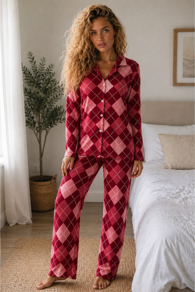 Women's Knitted Shirt Collar Red Pajama Set