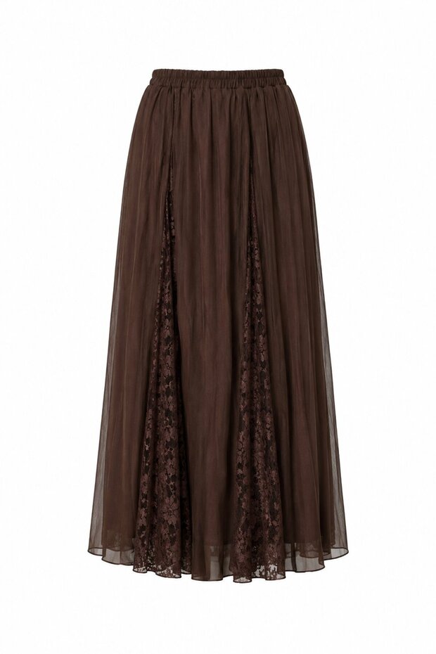 Brown Lace Pleated Detailed Skirt - 3371