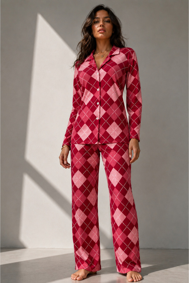 Women's Long Sleeve Cotton Red Pajama Set