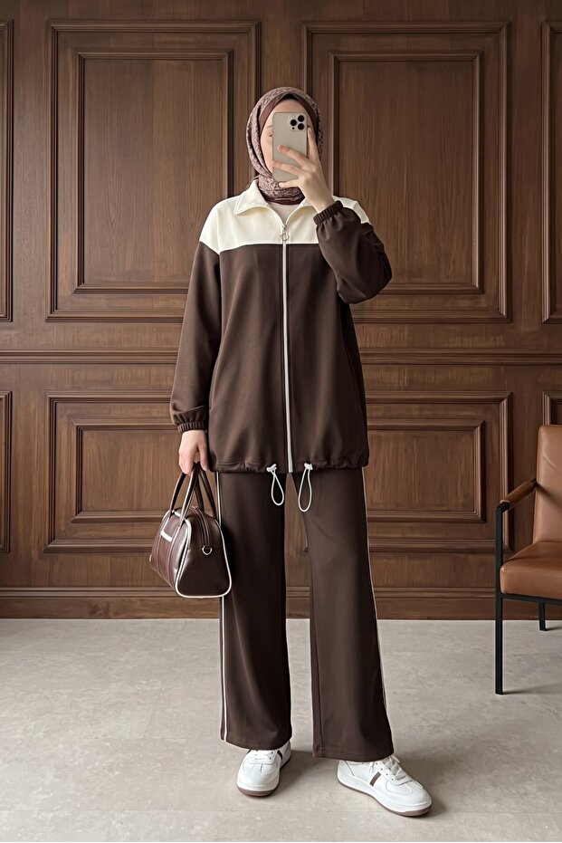 Zippered Elastic Two-Thread Top and Bottom Set - Brown