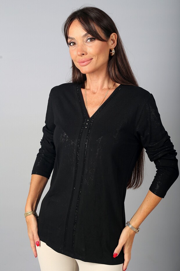 Women's V-Neck Long Sleeve Blouse with Shiny Fabric and Stone Embellishments on Front and Sleeves