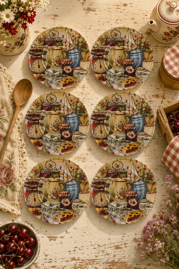 Set of 6 Glass Tea Plates - Nostalgic Kitchen & Wildflower Patterned 12 cm - 6 Tea Plates
