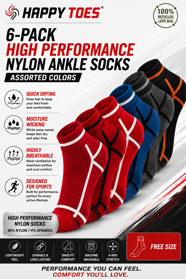 6-Pack Ankle Socks Dri-Fit Soft Breathable Durable Stretchable Free Size