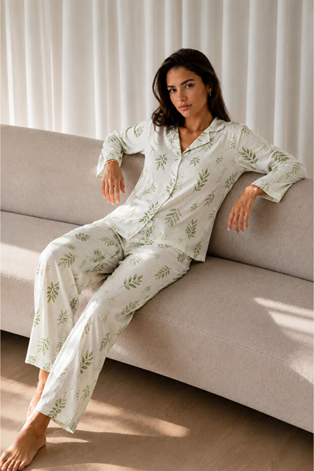 Women's Patterned Basic Winter Green Pajama Set
