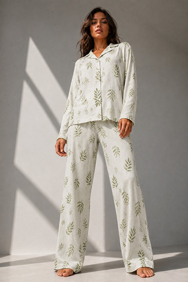 Women's Long Sleeve Cotton Green Pajama Set