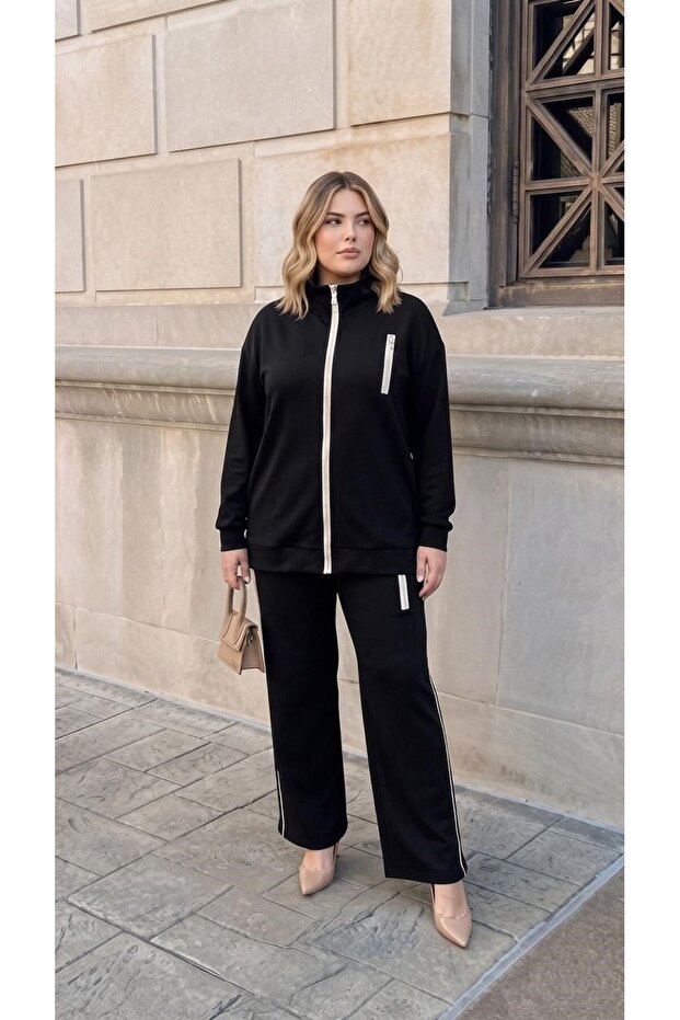 Women's Plus Size Long Sleeve Zipper Detailed Tracksuit Set 8297-27