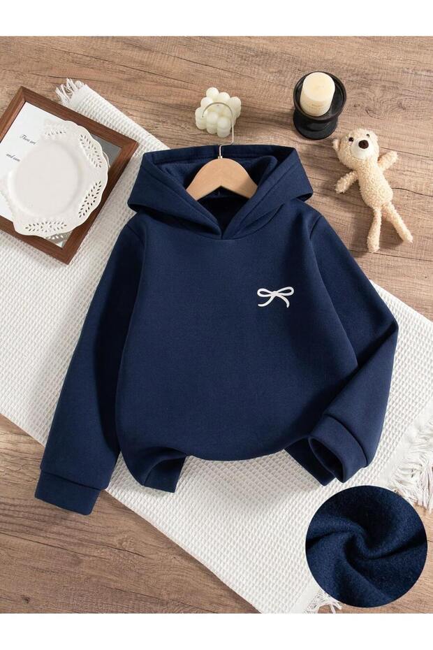 Navy Blue Bowknot Sweatshirt - Printed Oversized Hooded Sweatshirt