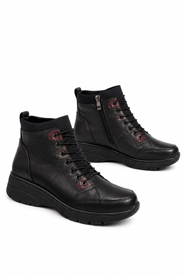 Nolma elastic band zippered women's genuine leather boot black skin