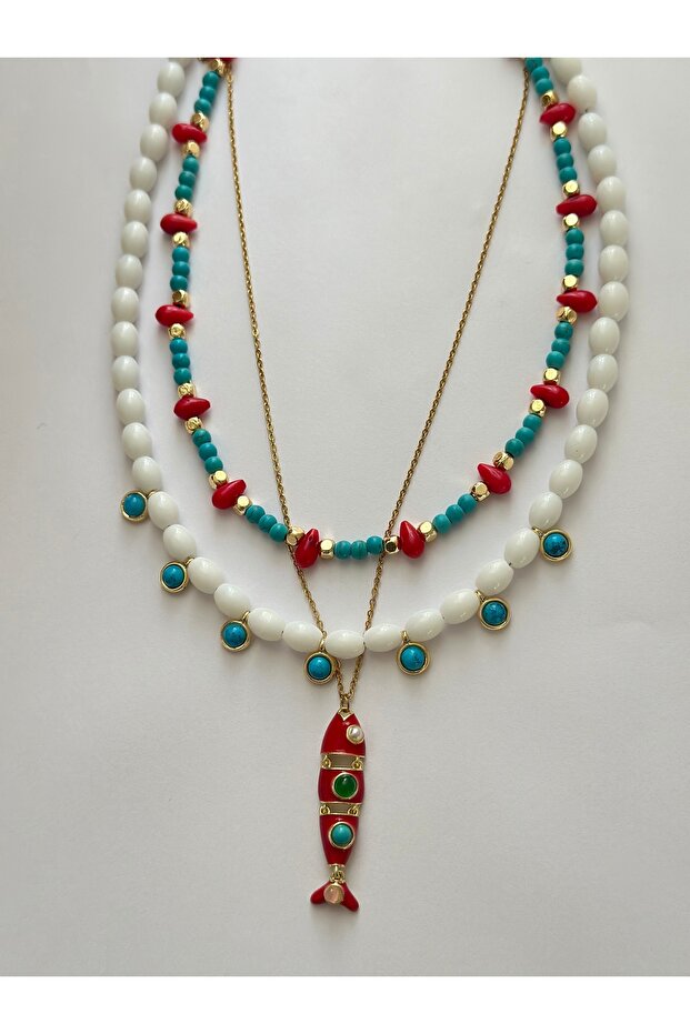 3-Piece Necklace Set with Fish Details, Turquoise Bead Necklace, Trendy Necklace Set