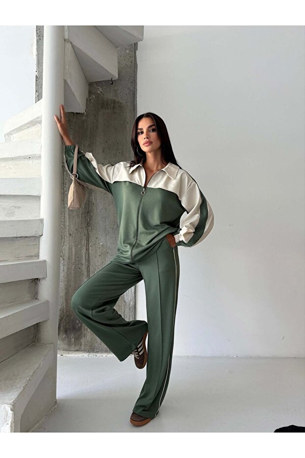 Women's Modal Fabric Oversize Parachute Detailed Interlocking Zippered Double Bottom Top Set