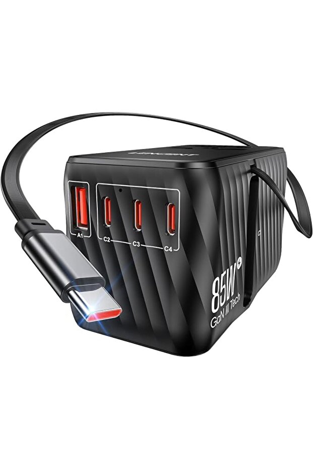 محول سفر عالمي بقوة 85 واط مع كابل USB-C قابل للسحب
