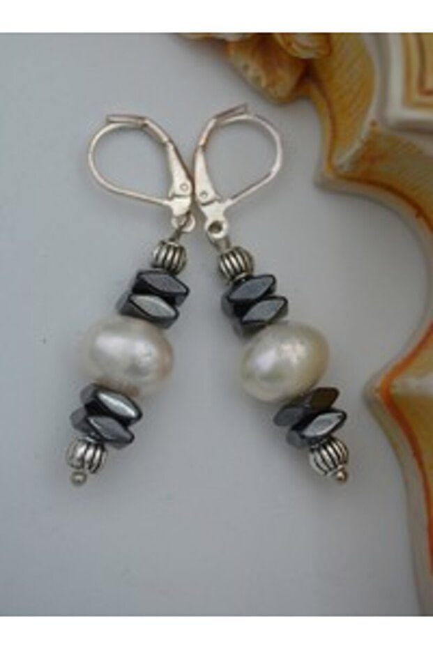 Real Pearl and Hematite Stone Earrings - Silver Color -