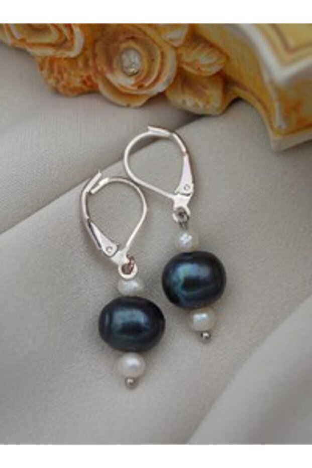 Black Pearl Stone Earrings - Silver Color -
