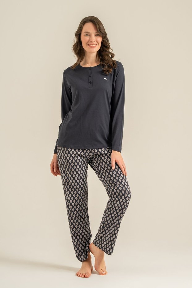 Women's Long Sleeve Anthracite 3-Button Modal Fabric Pajama Set (with Eye Patch Gift)