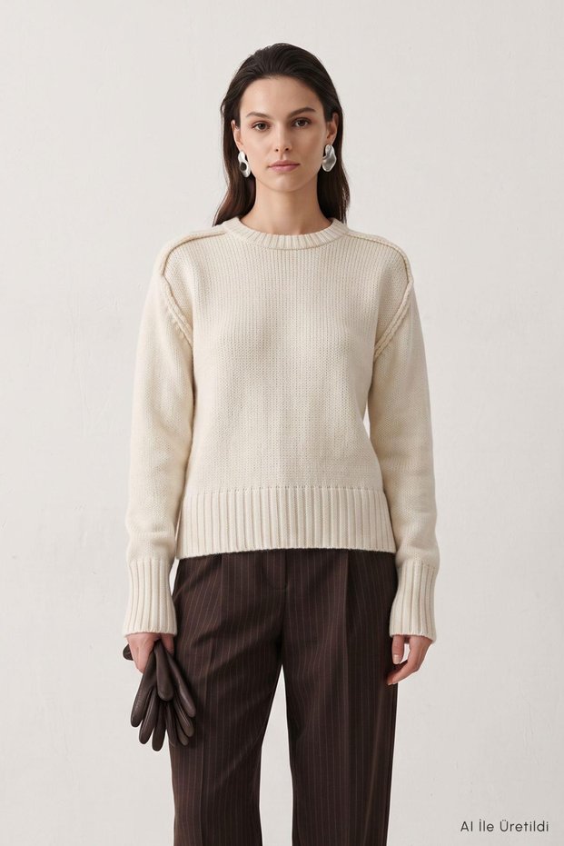 Stitching Detail Crew Neck Sweater 0093 Beige