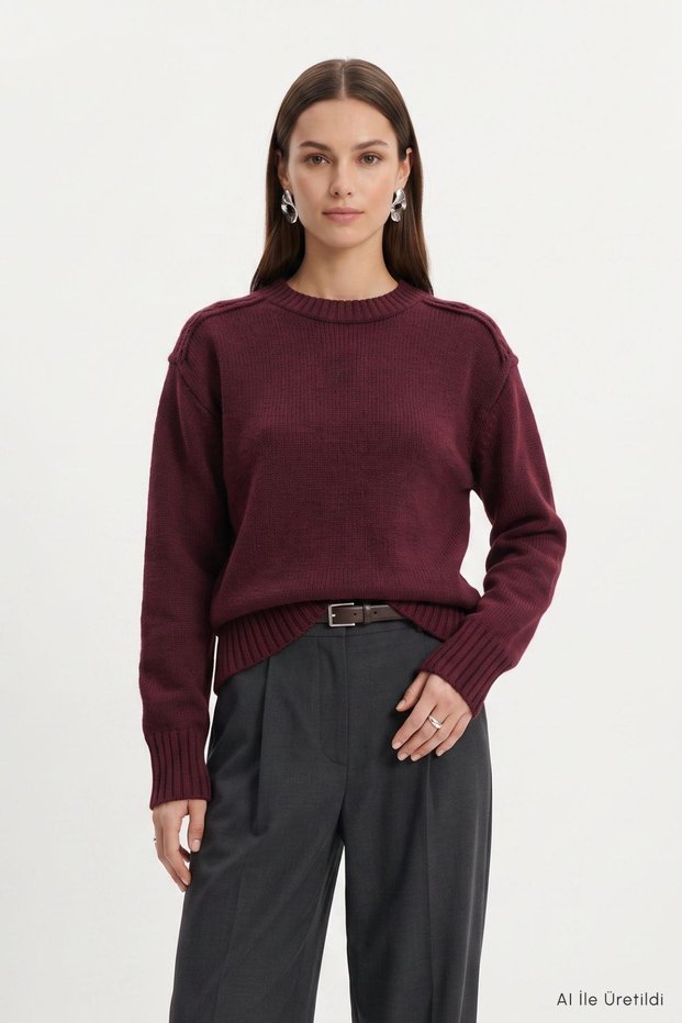 Stitching Detail Crew Neck Sweater 0093 Claret Red