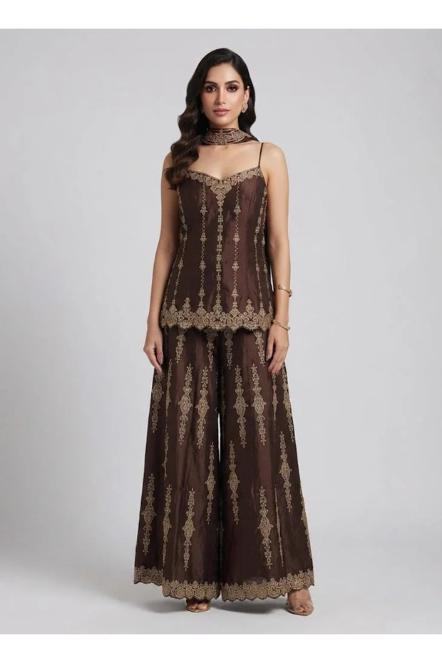 Coffee Brown Embroidered Top & Palazzo Set – Women's Indian Ethnic Wear