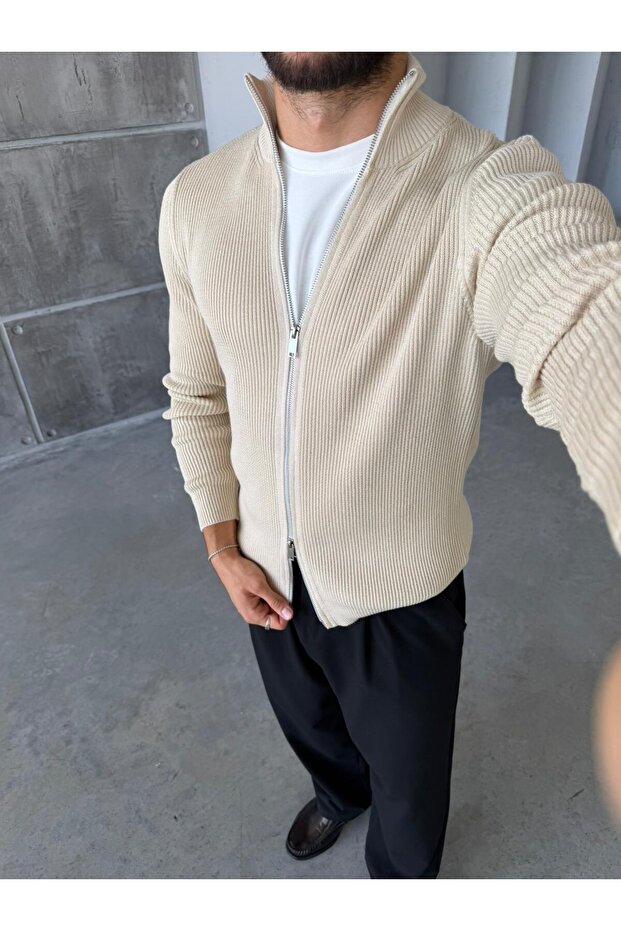 Ribbed Double Zipper Knitwear Cardigan m - Beige