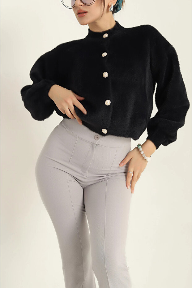 Pearl Button Women's Crew Neck Balloon Sleeve Bearded Cardigan