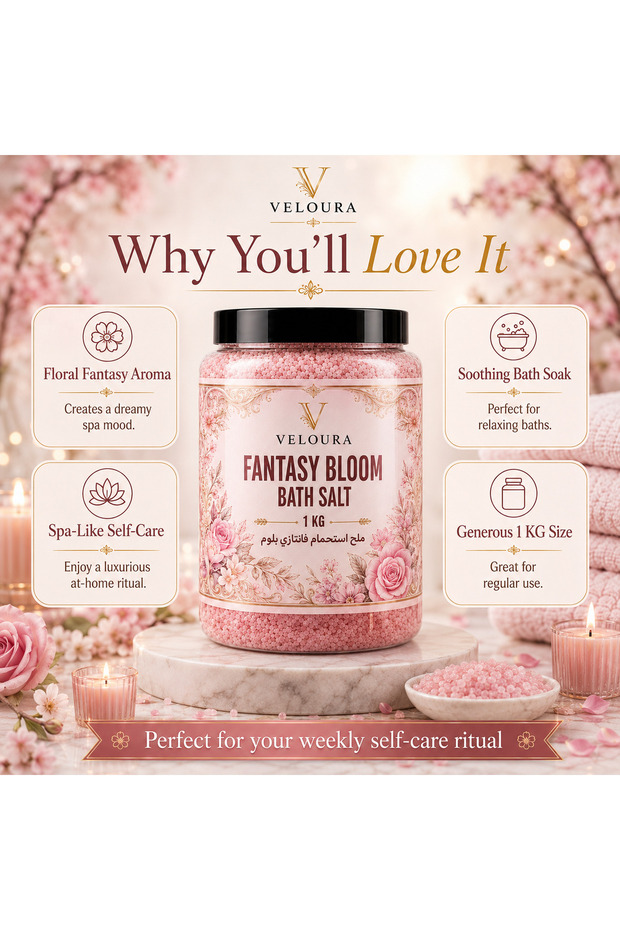 FANTASY ROSE SPA SALT 1KG – FLORAL & REFRESHING BATH SALT FOR BODY & FOOT SOAK